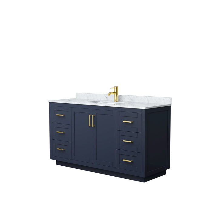 Wyndham Collection WCF292960SBLCMUNSMXX Miranda 60 Inch Single Bathroom Vanity in Dark Blue, White Carrara Marble Countertop, Undermount Square Sink, Brushed Gold Trim