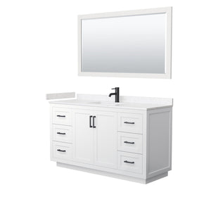 Wyndham Collection WCF292960SWBC2UNSM58 Miranda 60 Inch Single Bathroom Vanity in White, Light-Vein Carrara Cultured Marble Countertop, Undermount Square Sink, Matte Black Trim, 58 Inch Mirror