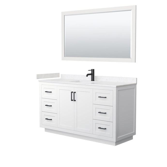 Wyndham Collection WCF292960SWBC2UNSM58 Miranda 60 Inch Single Bathroom Vanity in White, Light-Vein Carrara Cultured Marble Countertop, Undermount Square Sink, Matte Black Trim, 58 Inch Mirror