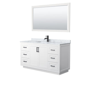 Wyndham Collection WCF292960SWBCMUNSM58 Miranda 60 Inch Single Bathroom Vanity in White, White Carrara Marble Countertop, Undermount Square Sink, Matte Black Trim, 58 Inch Mirror