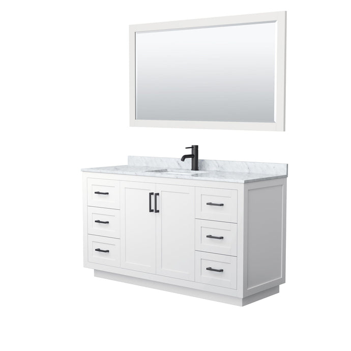 Wyndham Collection WCF292960SWBCMUNSM58 Miranda 60 Inch Single Bathroom Vanity in White, White Carrara Marble Countertop, Undermount Square Sink, Matte Black Trim, 58 Inch Mirror