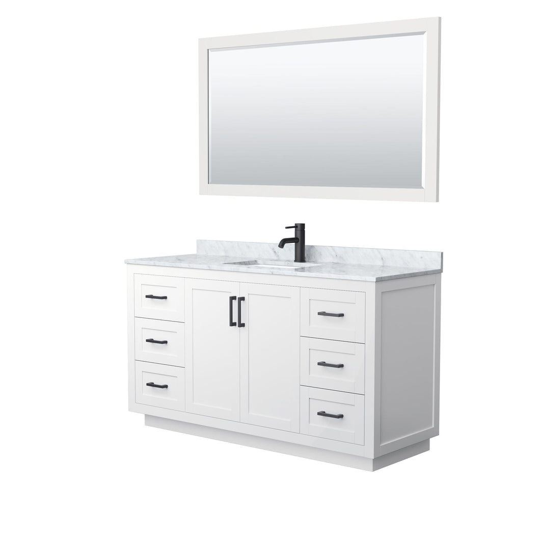 Wyndham Collection WCF292960SWBCMUNSM58 Miranda 60 Inch Single Bathroom Vanity in White, White Carrara Marble Countertop, Undermount Square Sink, Matte Black Trim, 58 Inch Mirror