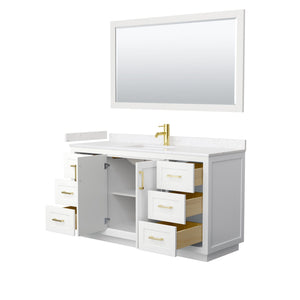 Wyndham Collection WCF292960SWGC2UNSM58 Miranda 60 Inch Single Bathroom Vanity in White, Light-Vein Carrara Cultured Marble Countertop, Undermount Square Sink, Brushed Gold Trim, 58 Inch Mirror