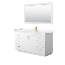 Load image into Gallery viewer, Wyndham Collection WCF292960SWGC2UNSM58 Miranda 60 Inch Single Bathroom Vanity in White, Light-Vein Carrara Cultured Marble Countertop, Undermount Square Sink, Brushed Gold Trim, 58 Inch Mirror