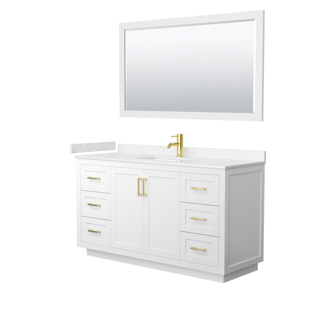 Wyndham Collection WCF292960SWGC2UNSM58 Miranda 60 Inch Single Bathroom Vanity in White, Light-Vein Carrara Cultured Marble Countertop, Undermount Square Sink, Brushed Gold Trim, 58 Inch Mirror