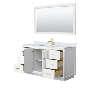 Wyndham Collection WCF292960SWGCMUNSM58 Miranda 60 Inch Single Bathroom Vanity in White, White Carrara Marble Countertop, Undermount Square Sink, Brushed Gold Trim, 58 Inch Mirror
