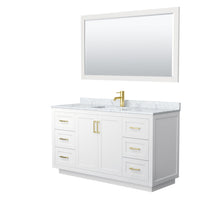 Load image into Gallery viewer, Wyndham Collection WCF292960SWGCMUNSM58 Miranda 60 Inch Single Bathroom Vanity in White, White Carrara Marble Countertop, Undermount Square Sink, Brushed Gold Trim, 58 Inch Mirror