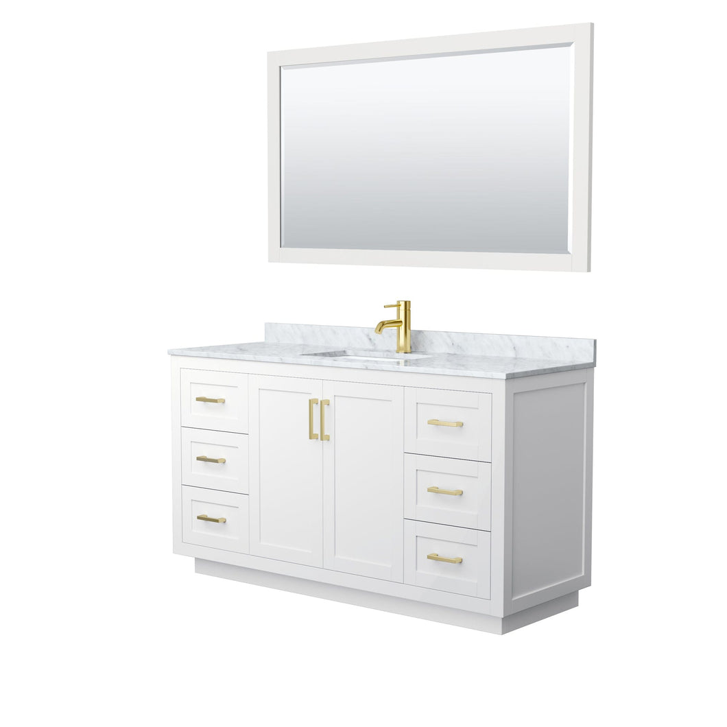 Wyndham Collection WCF292960SWGCMUNSM58 Miranda 60 Inch Single Bathroom Vanity in White, White Carrara Marble Countertop, Undermount Square Sink, Brushed Gold Trim, 58 Inch Mirror