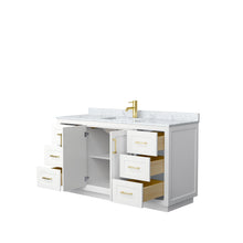 Load image into Gallery viewer, Wyndham Collection WCF292960SWGCMUNSMXX Miranda 60 Inch Single Bathroom Vanity in White, White Carrara Marble Countertop, Undermount Square Sink, Brushed Gold Trim