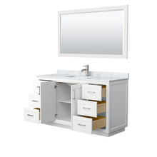 Load image into Gallery viewer, Wyndham Collection WCF292960SWHCMUNSM58 Miranda 60 Inch Single Bathroom Vanity in White, White Carrara Marble Countertop, Undermount Square Sink, Brushed Nickel Trim, 58 Inch Mirror