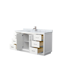 Load image into Gallery viewer, Wyndham Collection WCF292960SWHCMUNSMXX Miranda 60 Inch Single Bathroom Vanity in White, White Carrara Marble Countertop, Undermount Square Sink, Brushed Nickel Trim