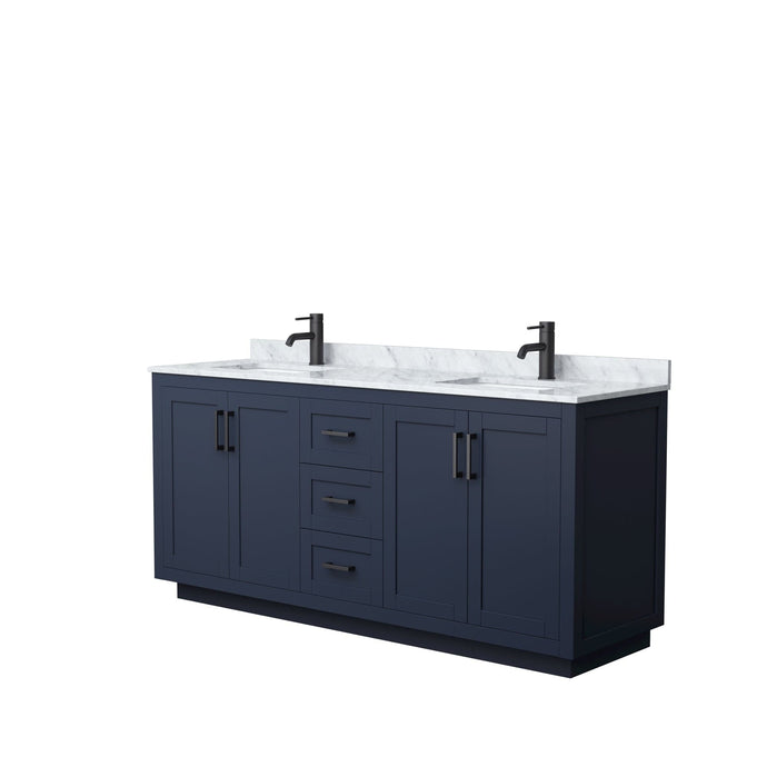 Wyndham Collection WCF292972DBBCMUNSMXX Miranda 72 Inch Double Bathroom Vanity in Dark Blue, White Carrara Marble Countertop, Undermount Square Sinks, Matte Black Trim