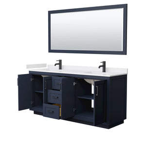 Wyndham Collection WCF292972DBBWCUNSM70 Miranda 72 Inch Double Bathroom Vanity in Dark Blue, White Cultured Marble Countertop, Undermount Square Sinks, Matte Black Trim, 70 Inch Mirror