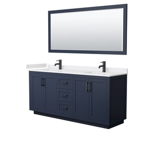 Wyndham Collection WCF292972DBBWCUNSM70 Miranda 72 Inch Double Bathroom Vanity in Dark Blue, White Cultured Marble Countertop, Undermount Square Sinks, Matte Black Trim, 70 Inch Mirror