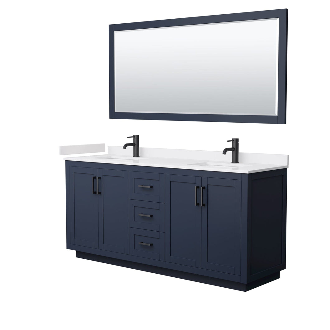 Wyndham Collection WCF292972DBBWCUNSM70 Miranda 72 Inch Double Bathroom Vanity in Dark Blue, White Cultured Marble Countertop, Undermount Square Sinks, Matte Black Trim, 70 Inch Mirror