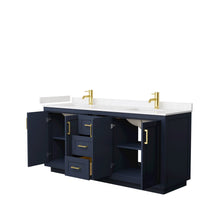 Load image into Gallery viewer, Wyndham Collection WCF292972DBLC2UNSMXX Miranda 72 Inch Double Bathroom Vanity in Dark Blue, Light-Vein Carrara Cultured Marble Countertop, Undermount Square Sinks, Brushed Gold Trim