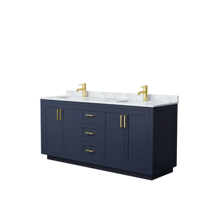 Wyndham Collection WCF292972DBLCMUNSMXX Miranda 72 Inch Double Bathroom Vanity in Dark Blue, White Carrara Marble Countertop, Undermount Square Sinks, Brushed Gold Trim