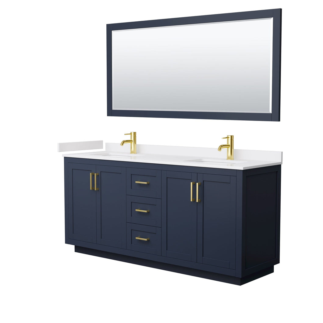 Wyndham Collection WCF292972DBLWCUNSM70 Miranda 72 Inch Double Bathroom Vanity in Dark Blue, White Cultured Marble Countertop, Undermount Square Sinks, Brushed Gold Trim, 70 Inch Mirror