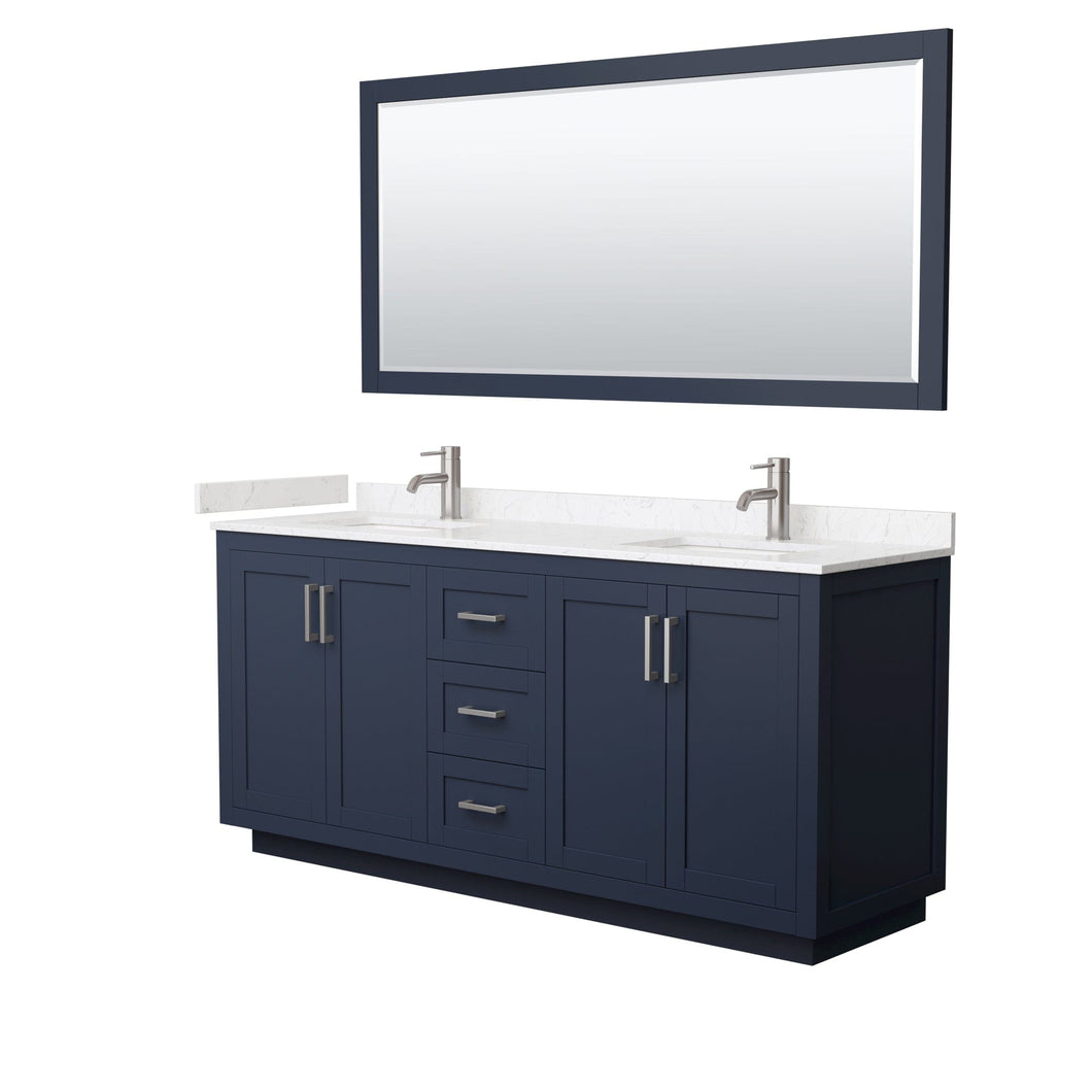 Wyndham Collection WCF292972DBNC2UNSM70 Miranda 72 Inch Double Bathroom Vanity in Dark Blue, Light-Vein Carrara Cultured Marble Countertop, Undermount Square Sinks, Brushed Nickel Trim, 70 Inch Mirror