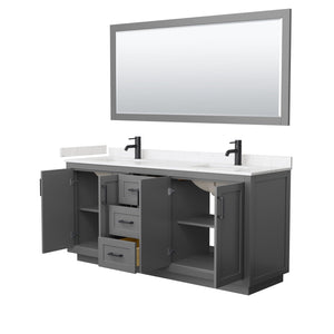 Wyndham Collection WCF292972DGBC2UNSM70 Miranda 72 Inch Double Bathroom Vanity in Dark Gray, Light-Vein Carrara Cultured Marble Countertop, Undermount Square Sinks, Matte Black Trim, 70 Inch Mirror