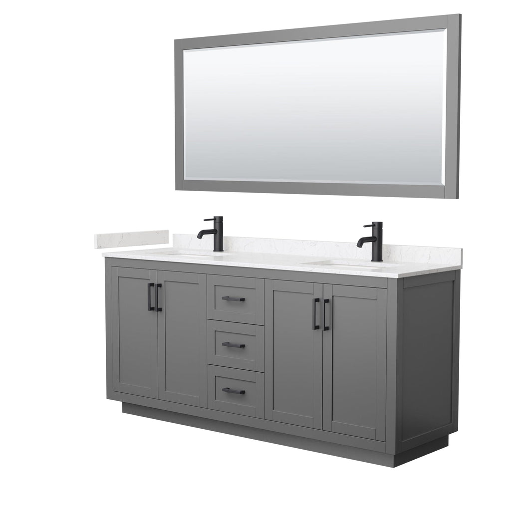 Wyndham Collection WCF292972DGBC2UNSM70 Miranda 72 Inch Double Bathroom Vanity in Dark Gray, Light-Vein Carrara Cultured Marble Countertop, Undermount Square Sinks, Matte Black Trim, 70 Inch Mirror