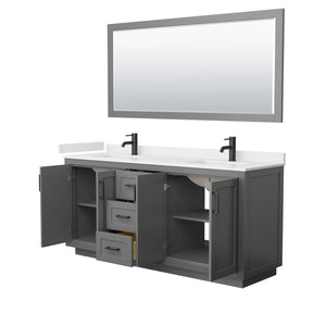 Wyndham Collection WCF292972DGBWCUNSM70 Miranda 72 Inch Double Bathroom Vanity in Dark Gray, White Cultured Marble Countertop, Undermount Square Sinks, Matte Black Trim, 70 Inch Mirror