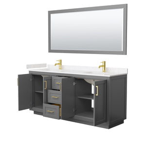 Wyndham Collection WCF292972DGGC2UNSM70 Miranda 72 Inch Double Bathroom Vanity in Dark Gray, Light-Vein Carrara Cultured Marble Countertop, Undermount Square Sinks, Brushed Gold Trim, 70 Inch Mirror