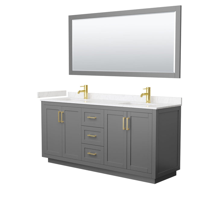 Wyndham Collection WCF292972DGGC2UNSM70 Miranda 72 Inch Double Bathroom Vanity in Dark Gray, Light-Vein Carrara Cultured Marble Countertop, Undermount Square Sinks, Brushed Gold Trim, 70 Inch Mirror