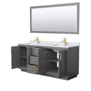 Wyndham Collection WCF292972DGGCMUNSM70 Miranda 72 Inch Double Bathroom Vanity in Dark Gray, White Carrara Marble Countertop, Undermount Square Sinks, Brushed Gold Trim, 70 Inch Mirror