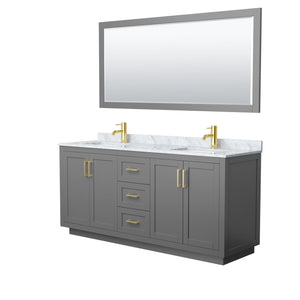 Wyndham Collection WCF292972DGGCMUNSM70 Miranda 72 Inch Double Bathroom Vanity in Dark Gray, White Carrara Marble Countertop, Undermount Square Sinks, Brushed Gold Trim, 70 Inch Mirror