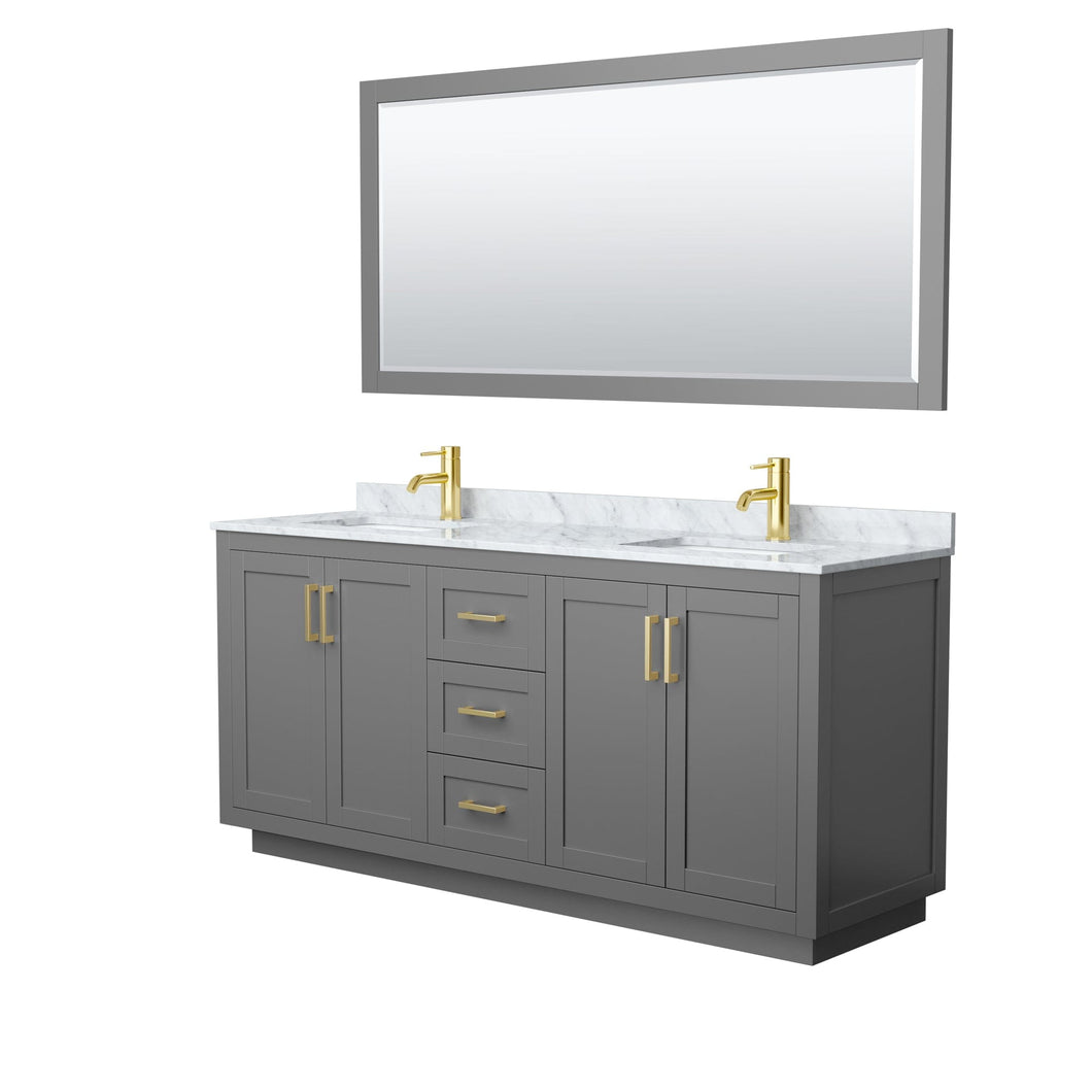 Wyndham Collection WCF292972DGGCMUNSM70 Miranda 72 Inch Double Bathroom Vanity in Dark Gray, White Carrara Marble Countertop, Undermount Square Sinks, Brushed Gold Trim, 70 Inch Mirror