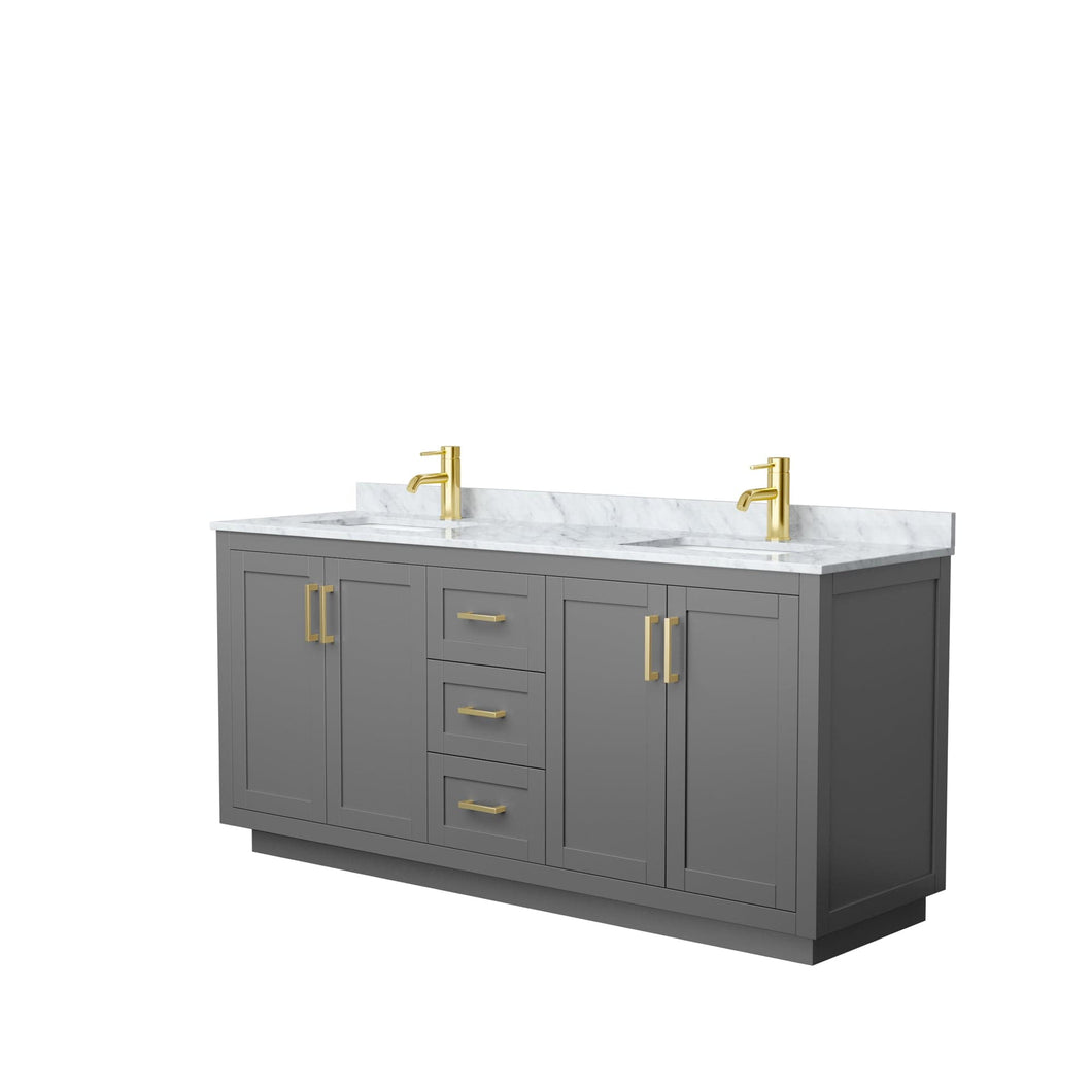 Wyndham Collection WCF292972DGGCMUNSMXX Miranda 72 Inch Double Bathroom Vanity in Dark Gray, White Carrara Marble Countertop, Undermount Square Sinks, Brushed Gold Trim