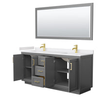 Load image into Gallery viewer, Wyndham Collection WCF292972DGGWCUNSM70 Miranda 72 Inch Double Bathroom Vanity in Dark Gray, White Cultured Marble Countertop, Undermount Square Sinks, Brushed Gold Trim, 70 Inch Mirror