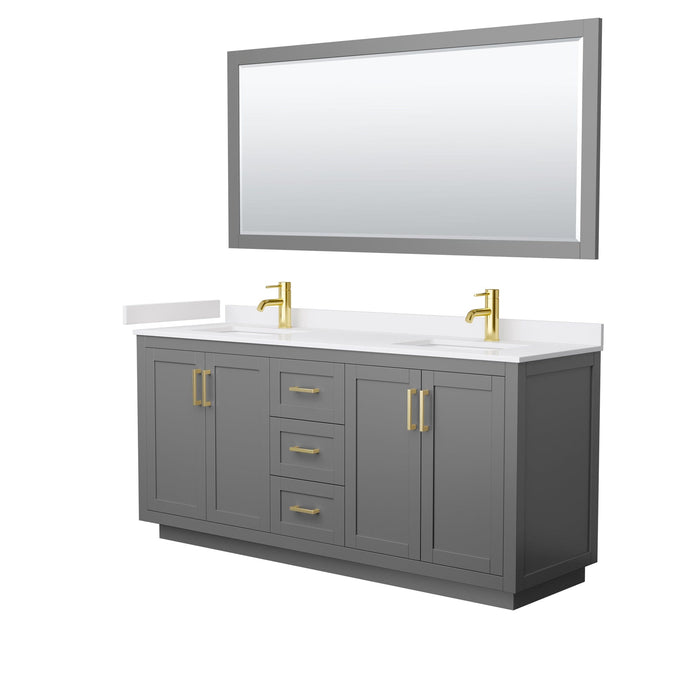 Wyndham Collection WCF292972DGGWCUNSM70 Miranda 72 Inch Double Bathroom Vanity in Dark Gray, White Cultured Marble Countertop, Undermount Square Sinks, Brushed Gold Trim, 70 Inch Mirror