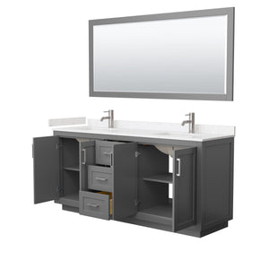 Wyndham Collection WCF292972DKGC2UNSM70 Miranda 72 Inch Double Bathroom Vanity in Dark Gray, Light-Vein Carrara Cultured Marble Countertop, Undermount Square Sinks, Brushed Nickel Trim, 70 Inch Mirror