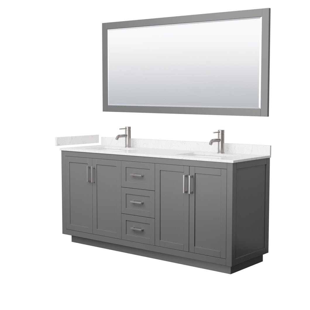 Wyndham Collection WCF292972DKGC2UNSM70 Miranda 72 Inch Double Bathroom Vanity in Dark Gray, Light-Vein Carrara Cultured Marble Countertop, Undermount Square Sinks, Brushed Nickel Trim, 70 Inch Mirror