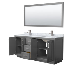 Wyndham Collection WCF292972DKGCMUNSM70 Miranda 72 Inch Double Bathroom Vanity in Dark Gray, White Carrara Marble Countertop, Undermount Square Sinks, Brushed Nickel Trim, 70 Inch Mirror
