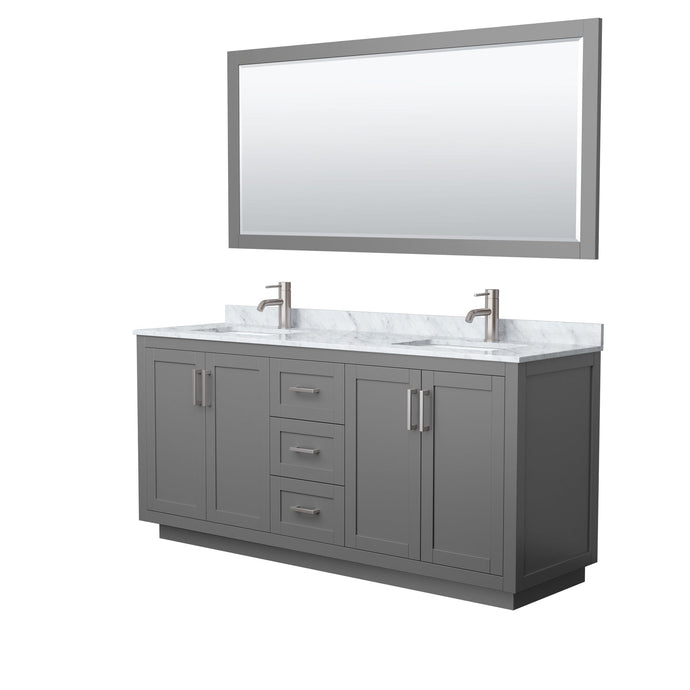 Wyndham Collection WCF292972DKGCMUNSM70 Miranda 72 Inch Double Bathroom Vanity in Dark Gray, White Carrara Marble Countertop, Undermount Square Sinks, Brushed Nickel Trim, 70 Inch Mirror