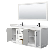 Load image into Gallery viewer, Wyndham Collection WCF292972DWBC2UNSM70 Miranda 72 Inch Double Bathroom Vanity in White, Light-Vein Carrara Cultured Marble Countertop, Undermount Square Sinks, Matte Black Trim, 70 Inch Mirror