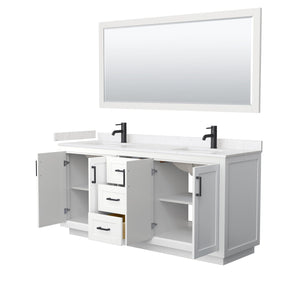 Wyndham Collection WCF292972DWBC2UNSM70 Miranda 72 Inch Double Bathroom Vanity in White, Light-Vein Carrara Cultured Marble Countertop, Undermount Square Sinks, Matte Black Trim, 70 Inch Mirror