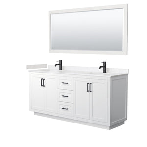 Wyndham Collection WCF292972DWBC2UNSM70 Miranda 72 Inch Double Bathroom Vanity in White, Light-Vein Carrara Cultured Marble Countertop, Undermount Square Sinks, Matte Black Trim, 70 Inch Mirror