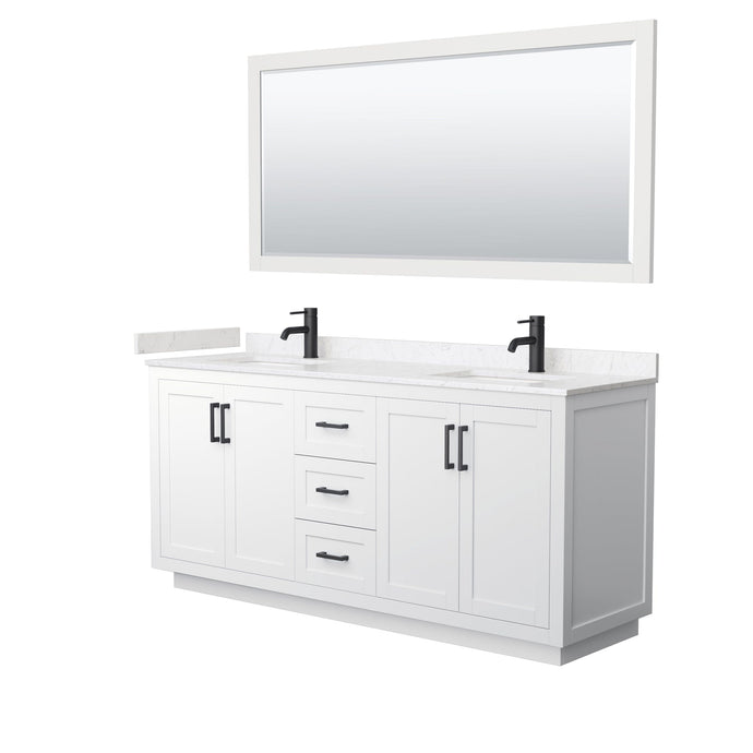 Wyndham Collection WCF292972DWBC2UNSM70 Miranda 72 Inch Double Bathroom Vanity in White, Light-Vein Carrara Cultured Marble Countertop, Undermount Square Sinks, Matte Black Trim, 70 Inch Mirror