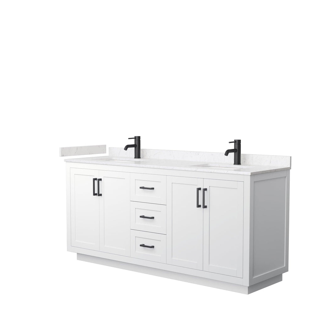 Wyndham Collection WCF292972DWBC2UNSMXX Miranda 72 Inch Double Bathroom Vanity in White, Light-Vein Carrara Cultured Marble Countertop, Undermount Square Sinks, Matte Black Trim