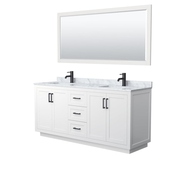 Wyndham Collection WCF292972DWBCMUNSM70 Miranda 72 Inch Double Bathroom Vanity in White, White Carrara Marble Countertop, Undermount Square Sinks, Matte Black Trim, 70 Inch Mirror