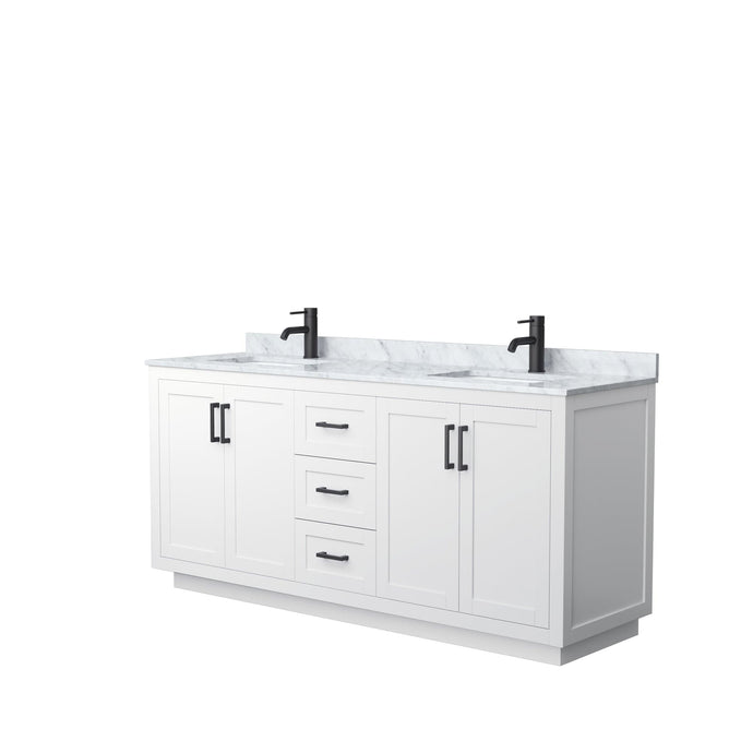 Wyndham Collection WCF292972DWBCMUNSMXX Miranda 72 Inch Double Bathroom Vanity in White, White Carrara Marble Countertop, Undermount Square Sinks, Matte Black Trim