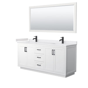 Wyndham Collection WCF292972DWBWCUNSM70 Miranda 72 Inch Double Bathroom Vanity in White, White Cultured Marble Countertop, Undermount Square Sinks, Matte Black Trim, 70 Inch Mirror