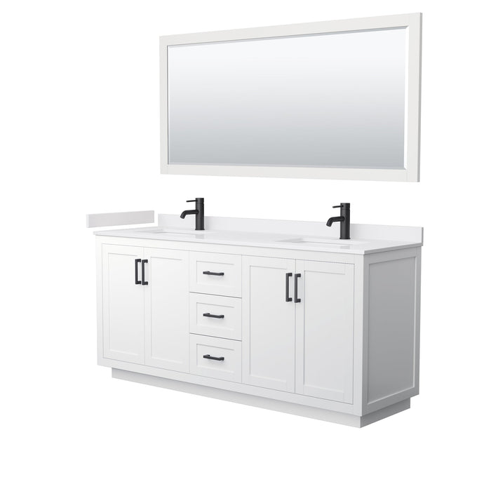 Wyndham Collection WCF292972DWBWCUNSM70 Miranda 72 Inch Double Bathroom Vanity in White, White Cultured Marble Countertop, Undermount Square Sinks, Matte Black Trim, 70 Inch Mirror
