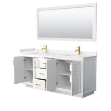 Load image into Gallery viewer, Wyndham Collection WCF292972DWGC2UNSM70 Miranda 72 Inch Double Bathroom Vanity in White, Light-Vein Carrara Cultured Marble Countertop, Undermount Square Sinks, Brushed Gold Trim, 70 Inch Mirror