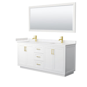 Wyndham Collection WCF292972DWGC2UNSM70 Miranda 72 Inch Double Bathroom Vanity in White, Light-Vein Carrara Cultured Marble Countertop, Undermount Square Sinks, Brushed Gold Trim, 70 Inch Mirror