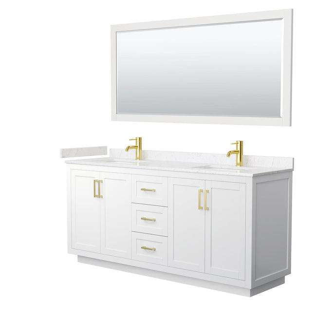Wyndham Collection WCF292972DWGC2UNSM70 Miranda 72 Inch Double Bathroom Vanity in White, Light-Vein Carrara Cultured Marble Countertop, Undermount Square Sinks, Brushed Gold Trim, 70 Inch Mirror